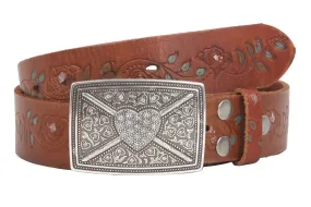 1 1/2 Inch Snap On Floral Tree Engraving Oil Tanned Vintage Full Grain Leather Rectangular Rhinestone Heart & Flower Belt