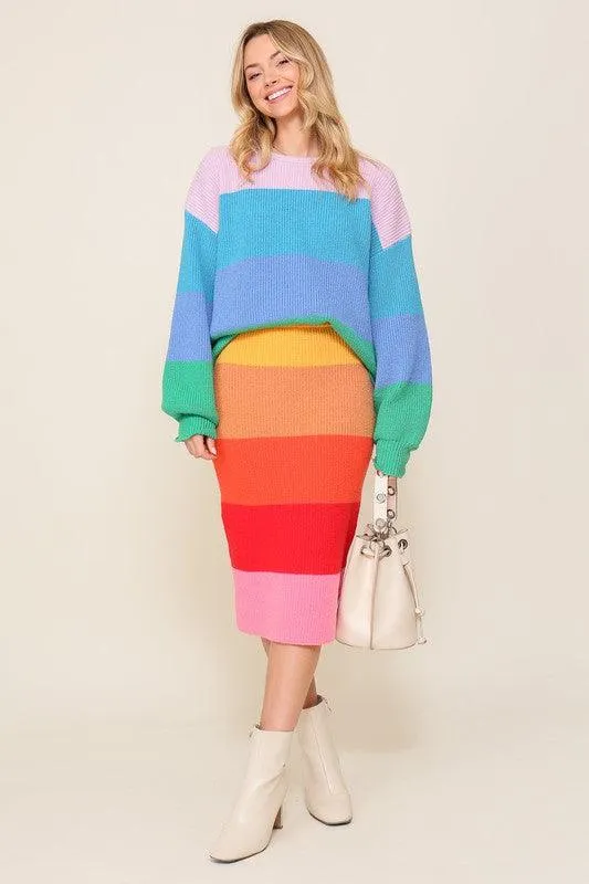 Bold Rainbow Stripe Oversized Chunky Knit Pullover