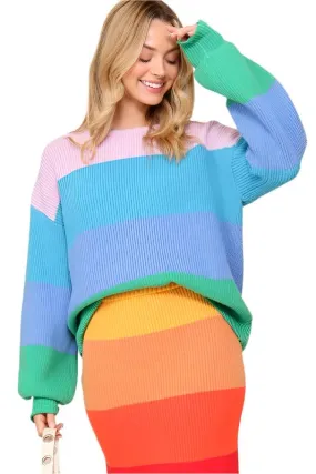 Bold Rainbow Stripe Oversized Chunky Knit Pullover