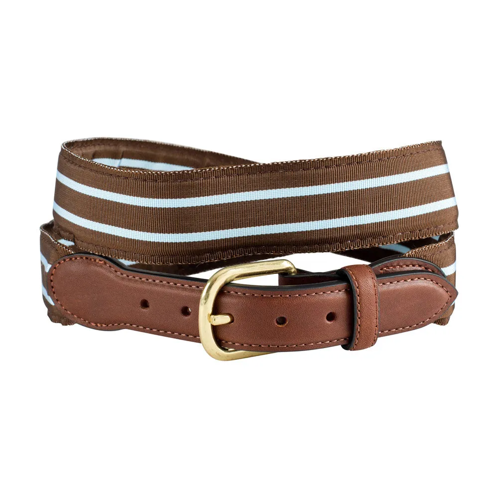 Brown & Light Blue Grosgrain Ribbon Leather Tab Belt