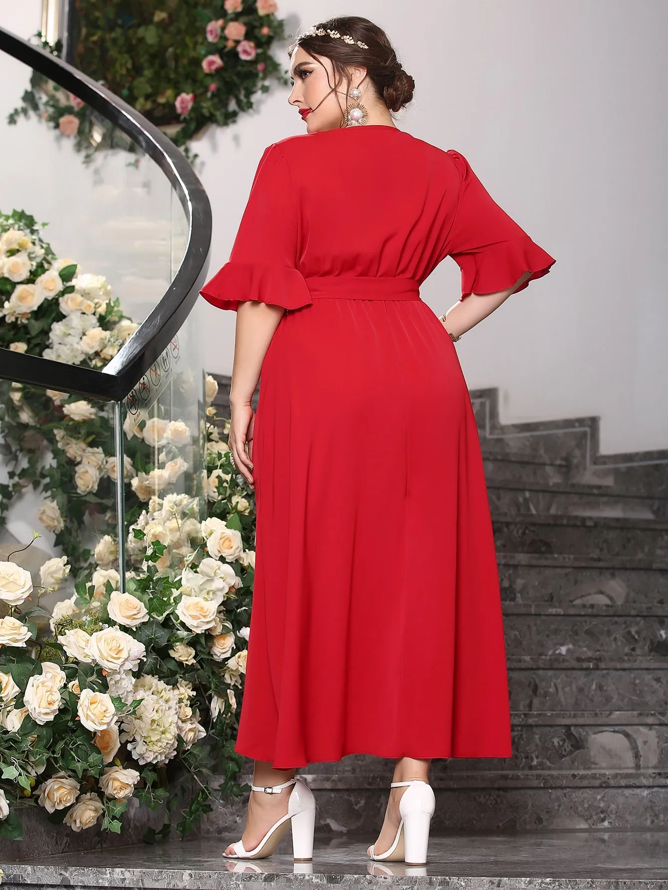 Elegant Plain Wrap Half Sleeve V Neck Wrap High Waist Long Plus Size Dress