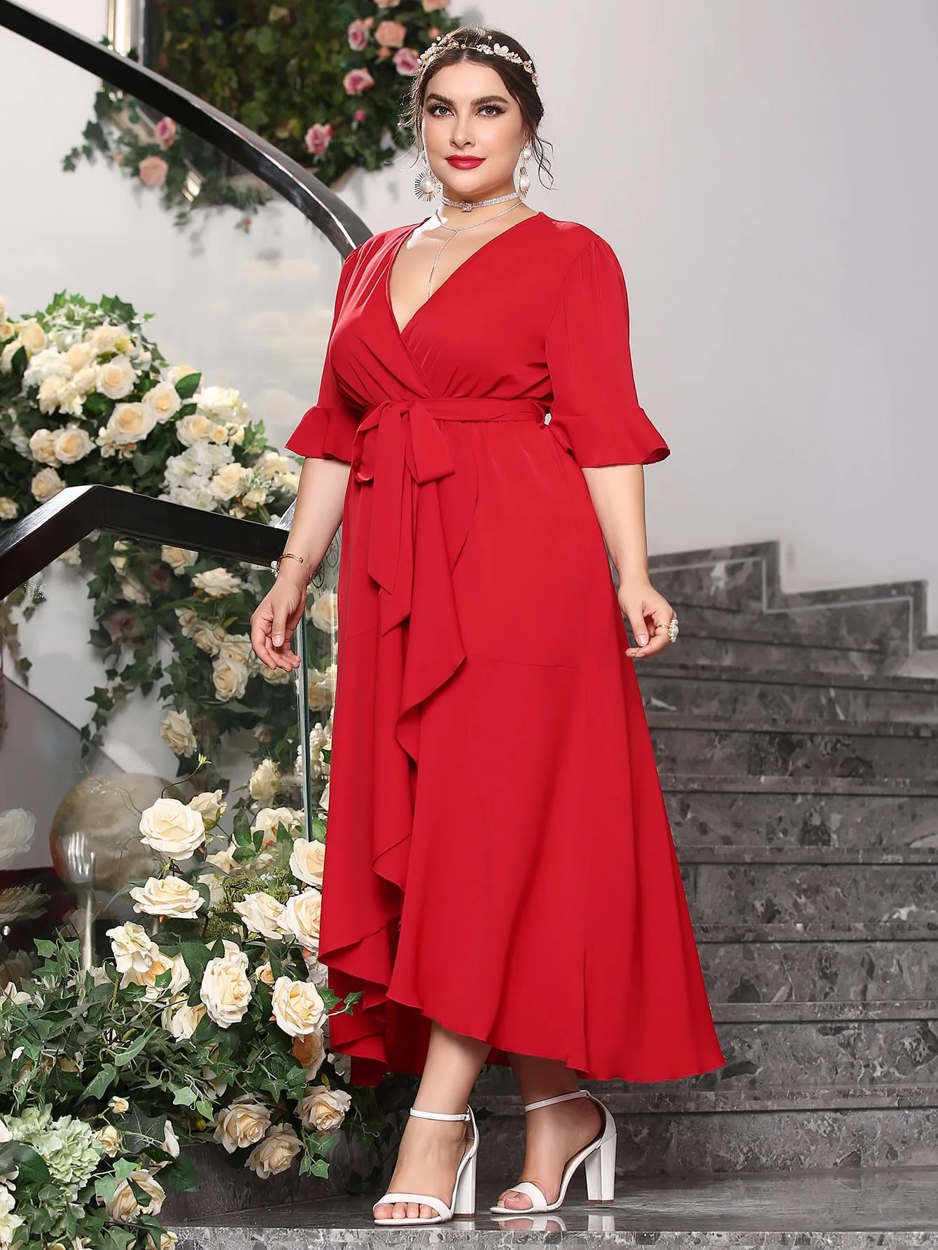 Elegant Plain Wrap Half Sleeve V Neck Wrap High Waist Long Plus Size Dress