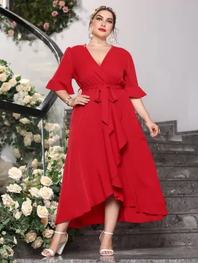 Elegant Plain Wrap Half Sleeve V Neck Wrap High Waist Long Plus Size Dress