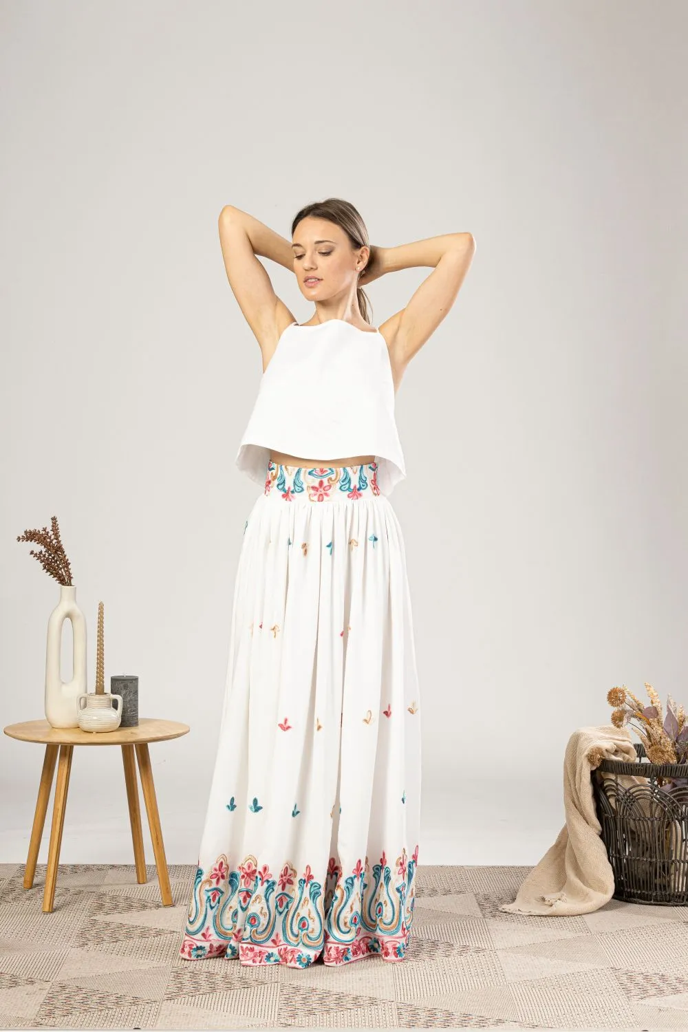 Embroidered High-Waisted Maxi Skirt