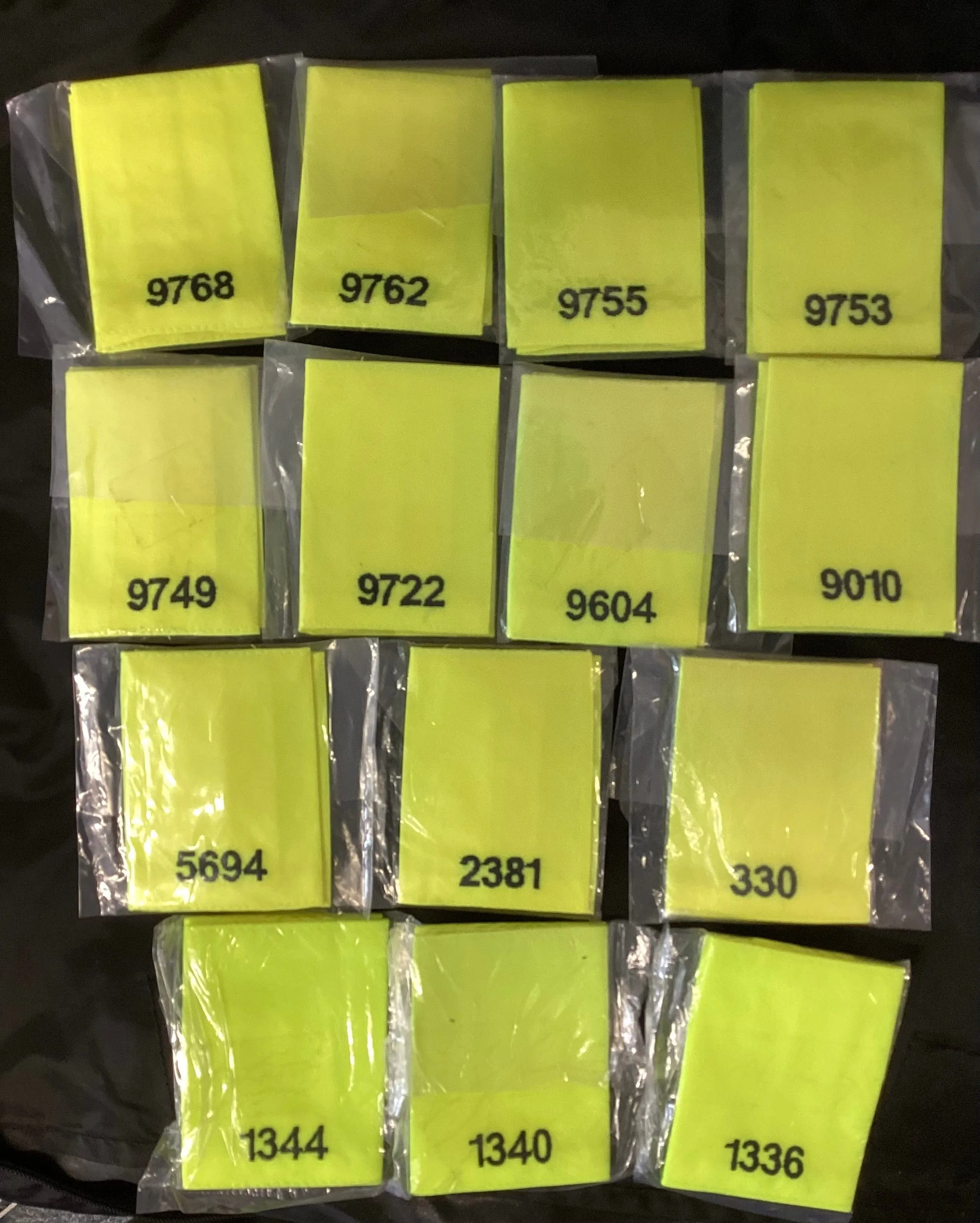 Epaulette Slides, Hi Vis yellow, black embroidered mixed numbers and lengths (Used – Grade A)