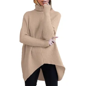 Fantaslook Oversize Womens Turtleneck Sweaters Batwing Sleeve Asymmetric Hem Pullover Sweater