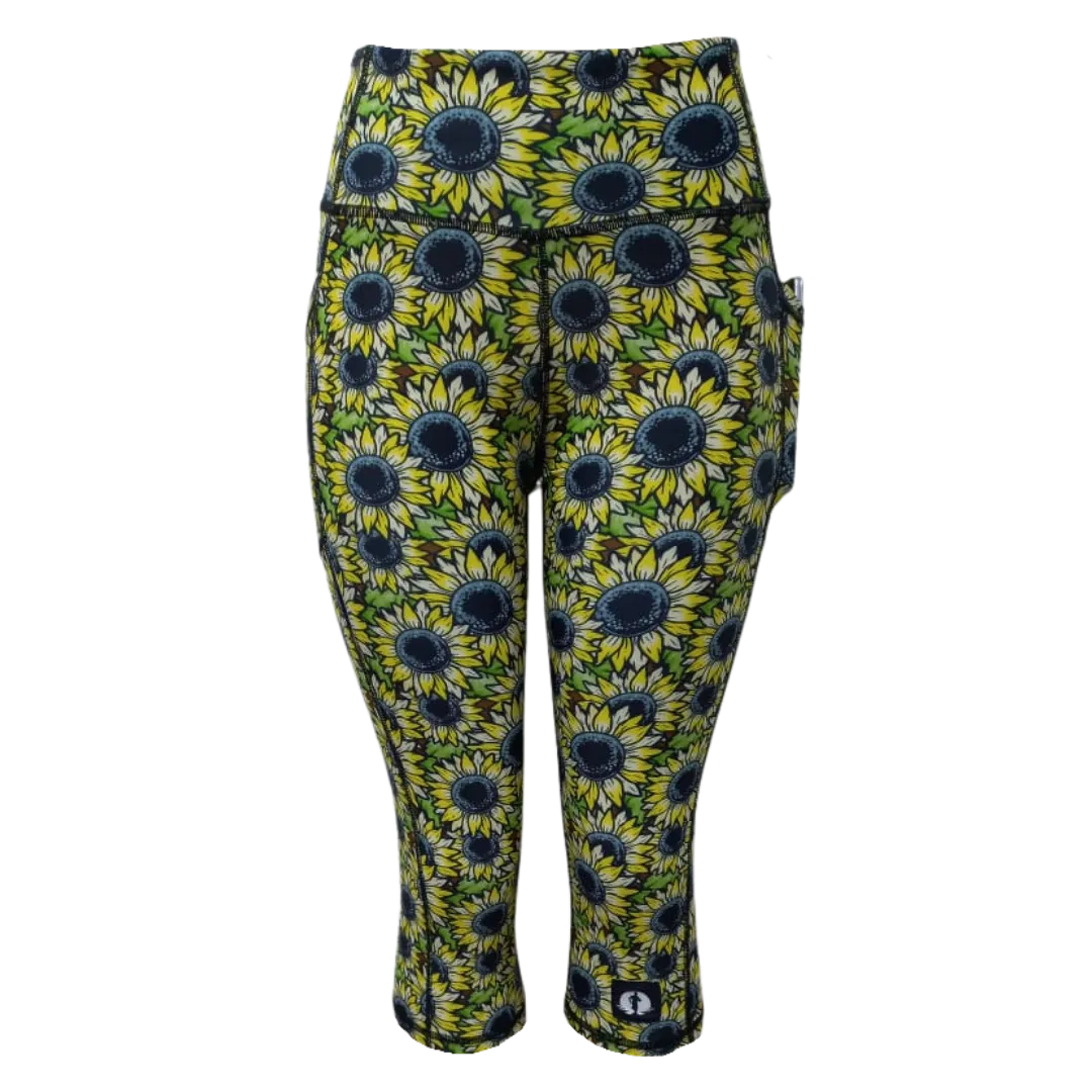 High Waist Funky 3/4 Leggings - Sunflowers