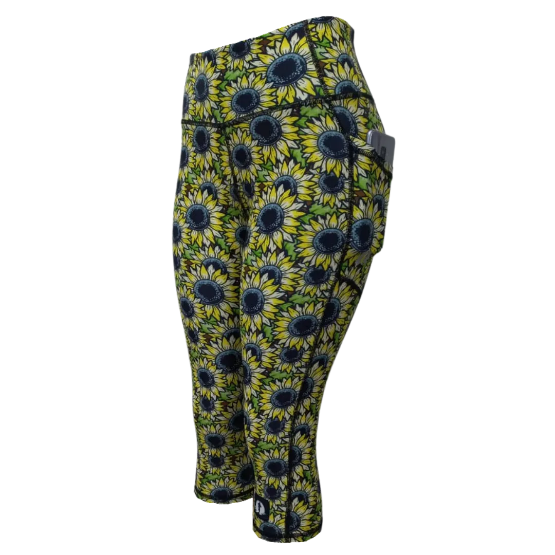 High Waist Funky 3/4 Leggings - Sunflowers