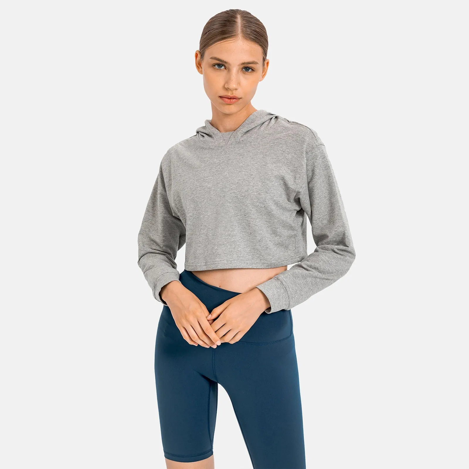 Hooded Cropped Plain Sports Sweatshirt