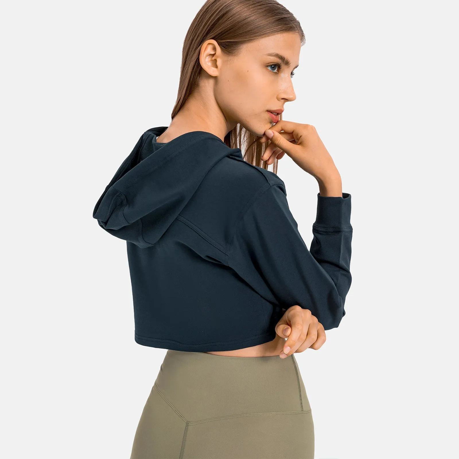 Hooded Cropped Plain Sports Sweatshirt