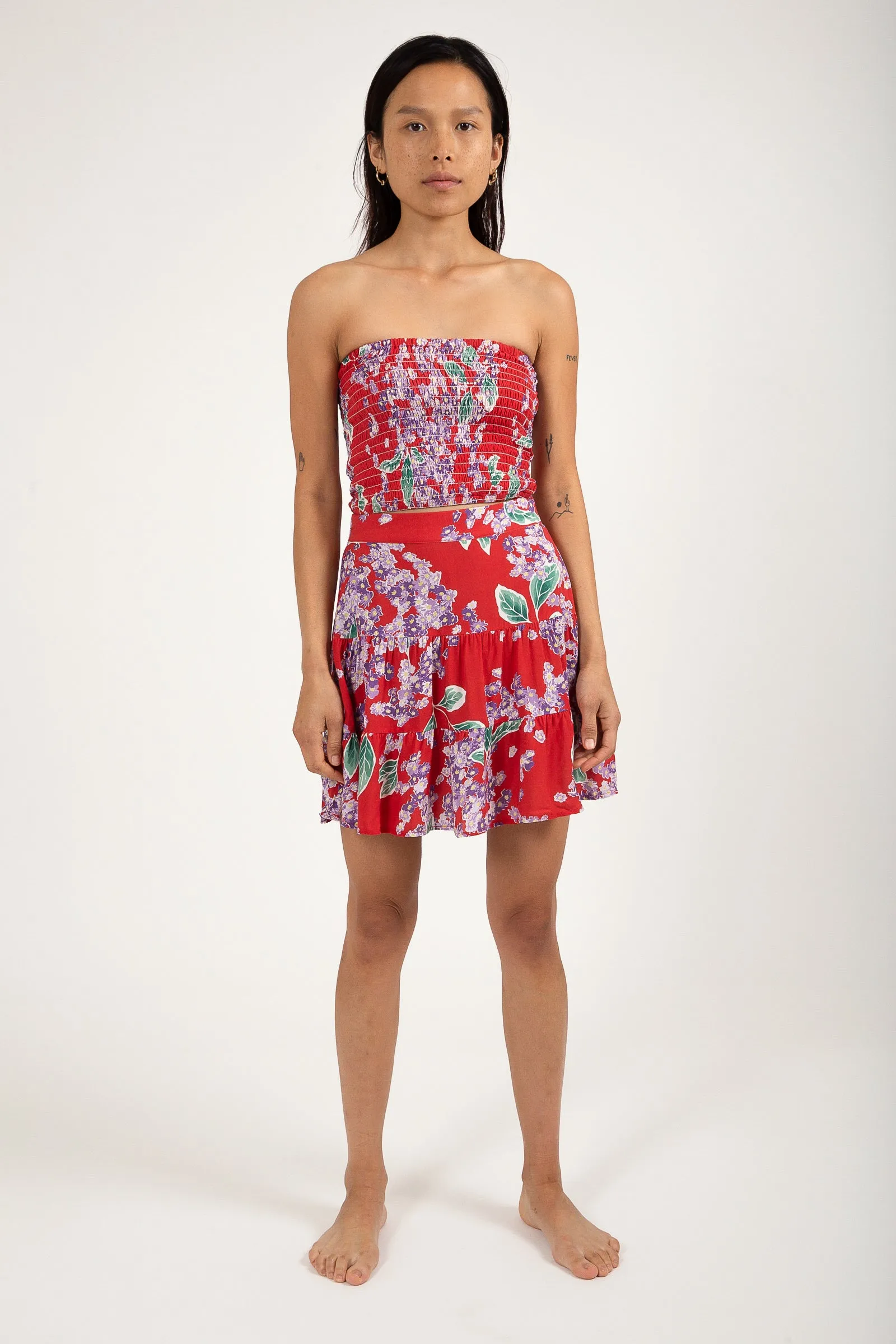 Isle Floral Tiered Mini Skirt Red