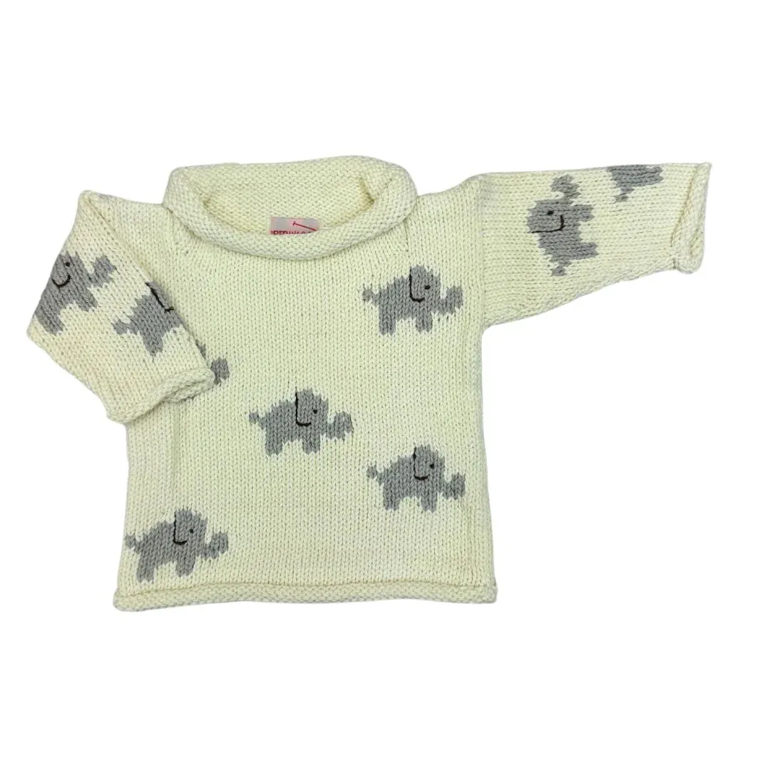 Ivory All Over Elephants Roll Neck Sweater