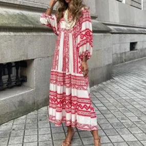 Lantern Sleeve Printed Tie Loose Casual Dress Wholesale Dresses