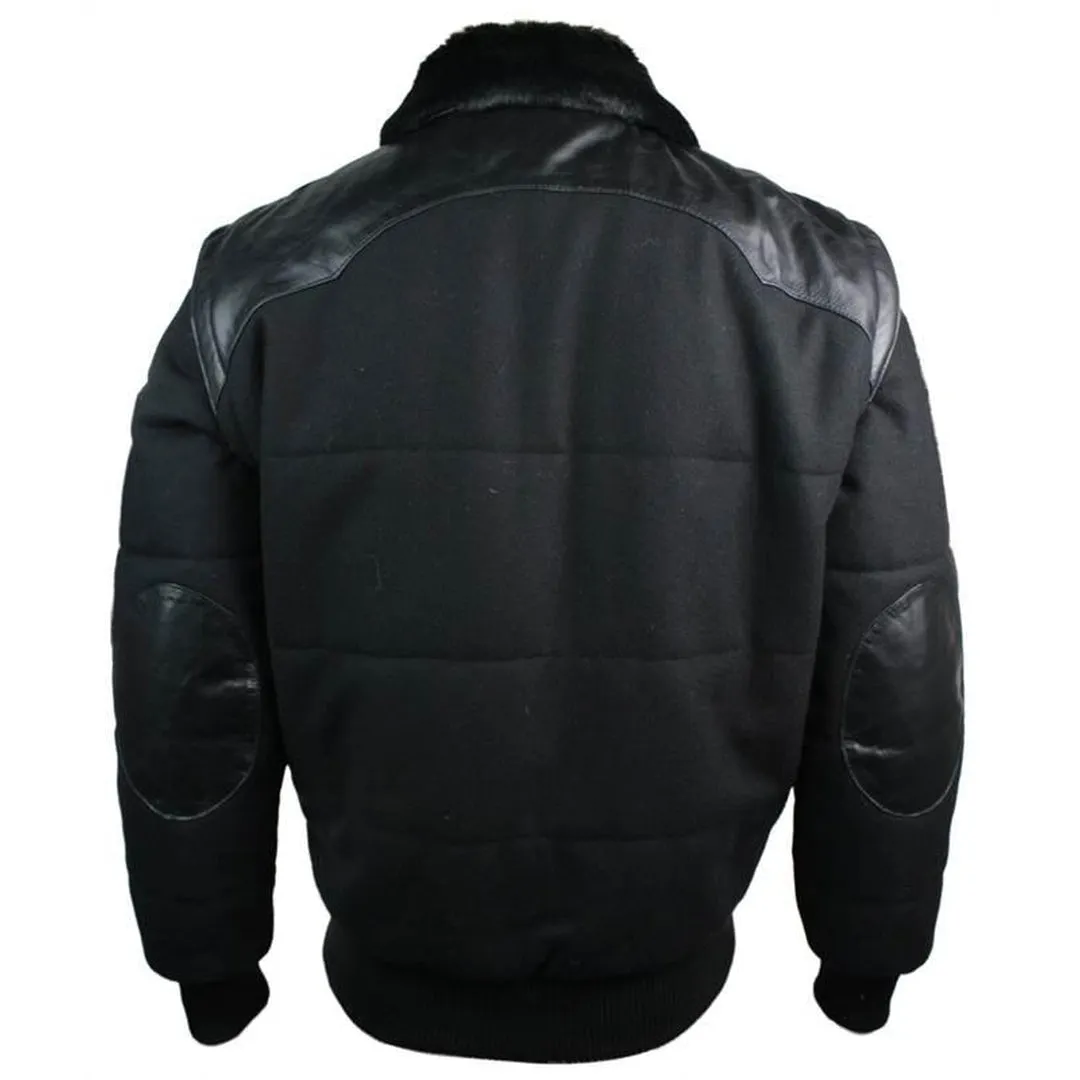 Men's Black Leather Shoulder Patches Bomber Jacket with Removable Sleeves