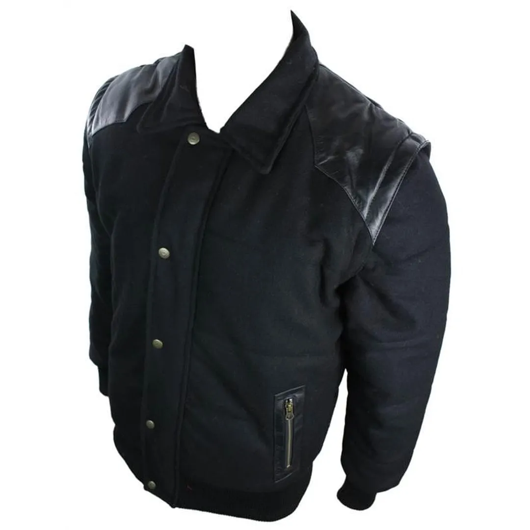 Men's Black Leather Shoulder Patches Bomber Jacket with Removable Sleeves