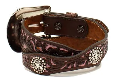 MF Western Ariat Girls Floral Overlay Brown & Pink Leather Belt Style A1301802