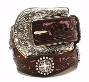 MF Western Ariat Girls Floral Overlay Brown & Pink Leather Belt Style A1301802