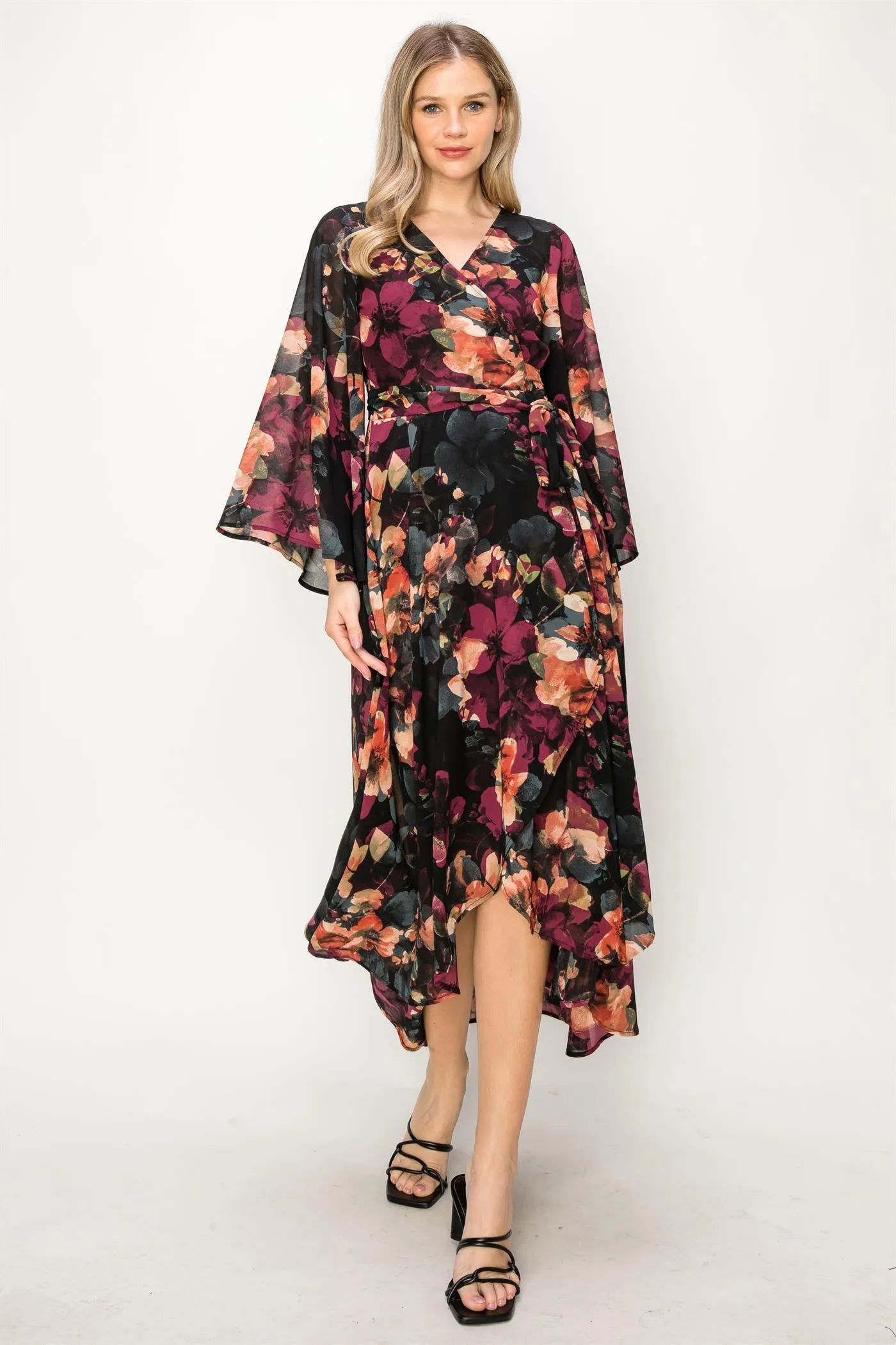 OL24A089-CHIFFON V-NECK WRAP HIGH-LOW MAXI DRESS