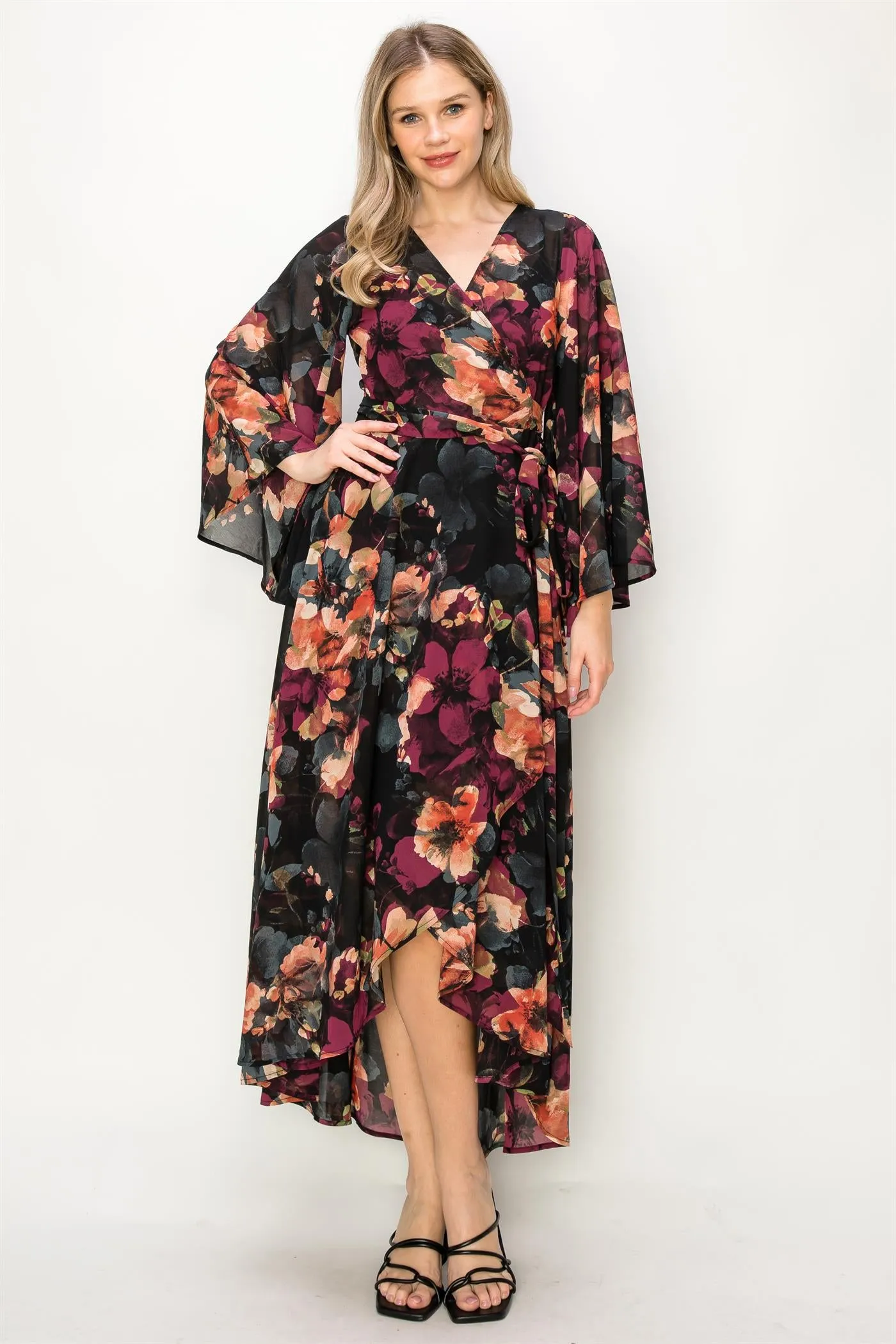 OL24A089-CHIFFON V-NECK WRAP HIGH-LOW MAXI DRESS