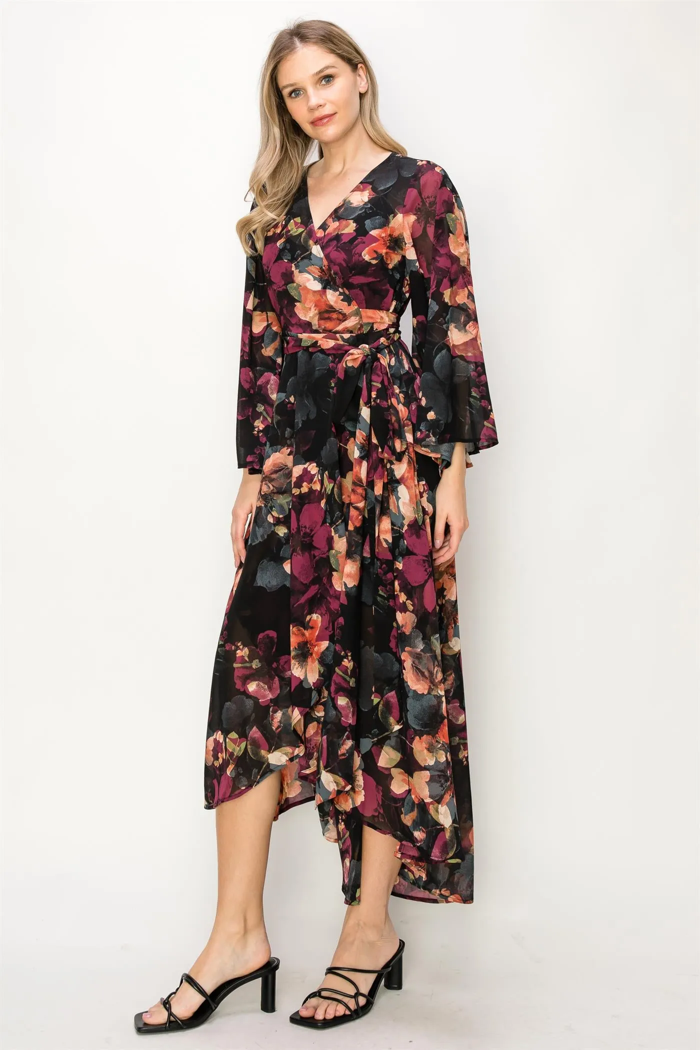 OL24A089-CHIFFON V-NECK WRAP HIGH-LOW MAXI DRESS