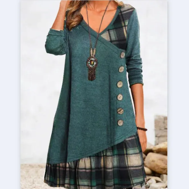 Plaid Stitching Long Sleeve Loose Button Dress Wholesale Dresses