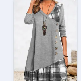 Plaid Stitching Long Sleeve Loose Button Dress Wholesale Dresses