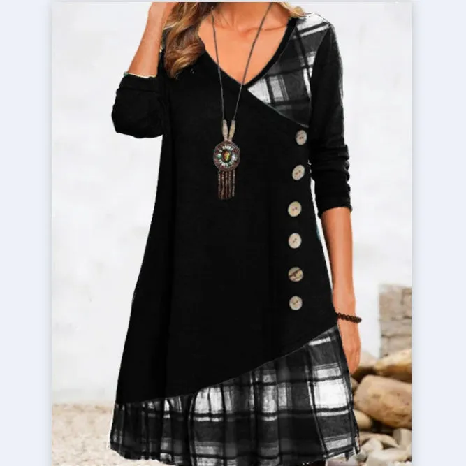 Plaid Stitching Long Sleeve Loose Button Dress Wholesale Dresses