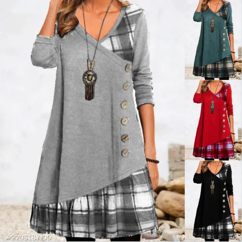 Plaid Stitching Long Sleeve Loose Button Dress Wholesale Dresses