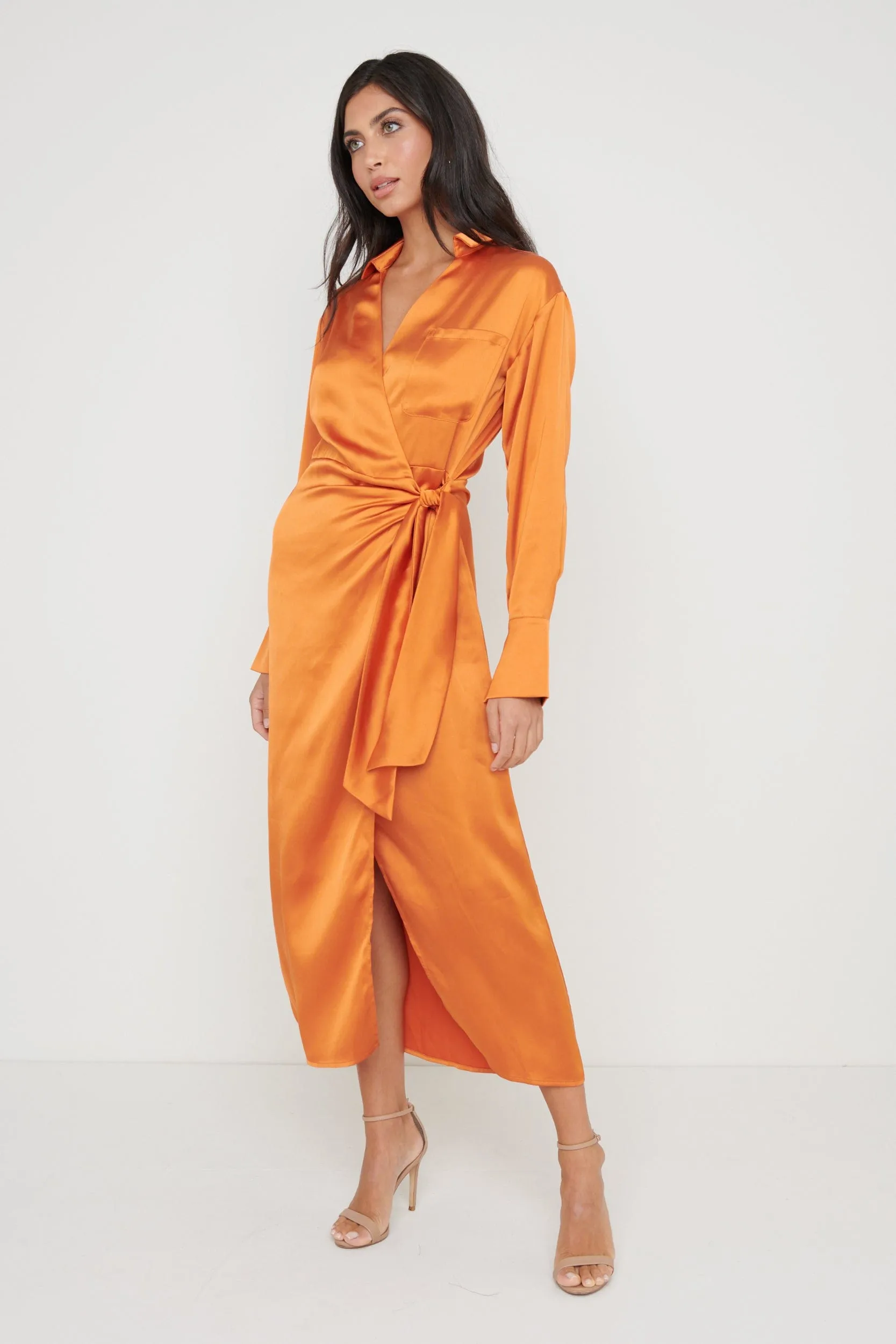 Ronnie Satin Wrap Dress - Orange