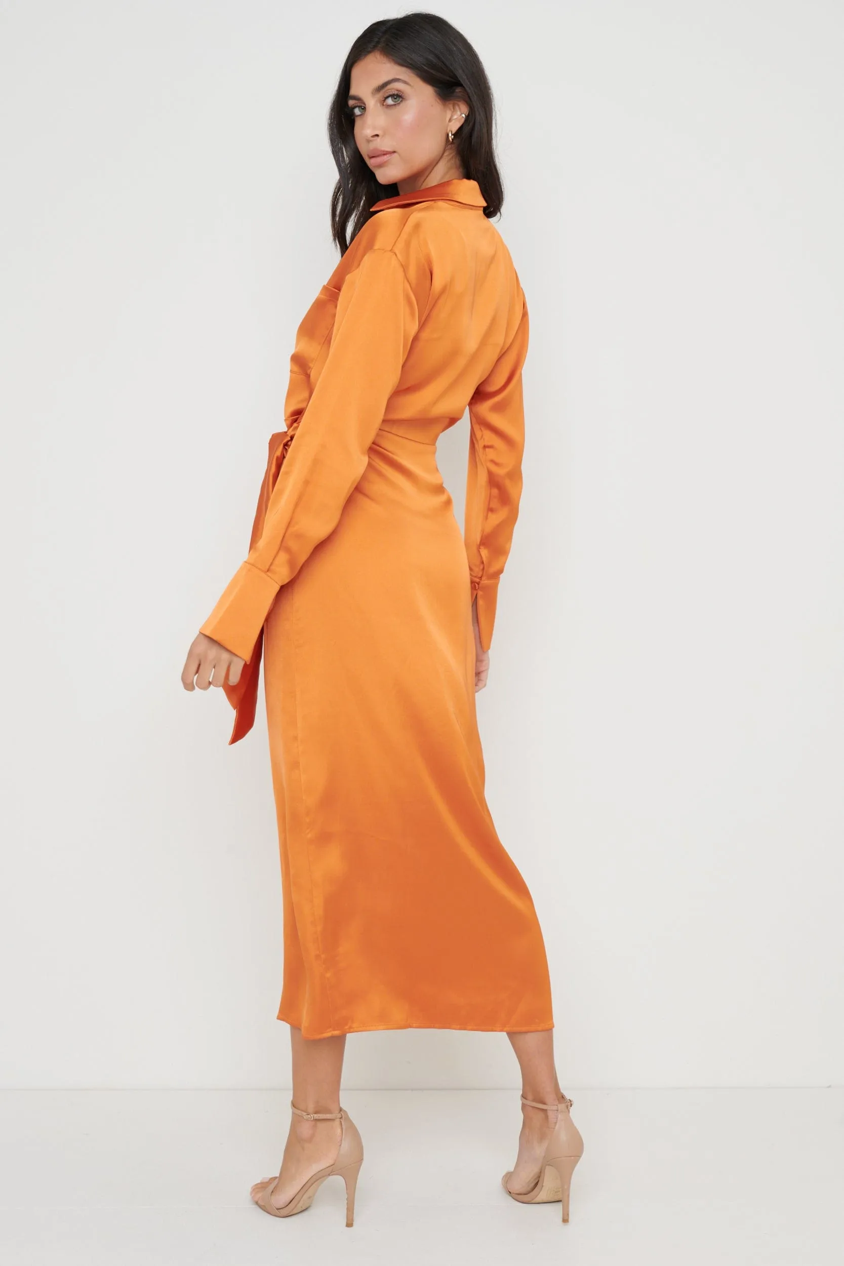 Ronnie Satin Wrap Dress - Orange