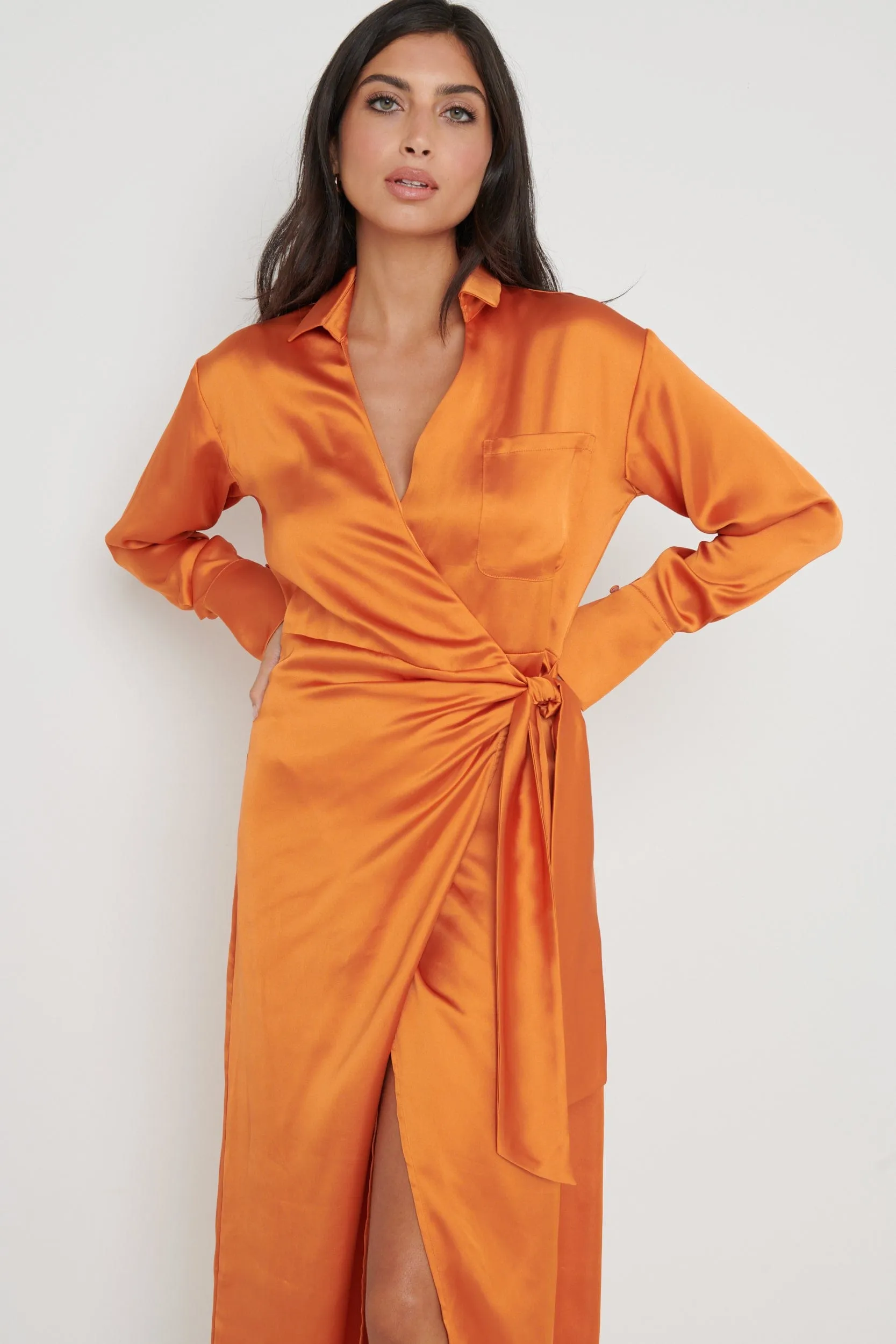 Ronnie Satin Wrap Dress - Orange