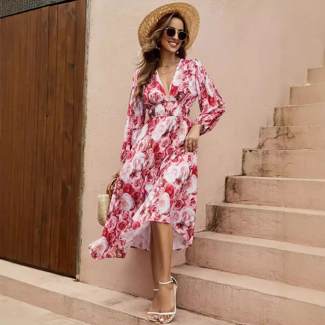 Rose Print Deep V Neck Dress with Waist and Lantern Sleeves Wholesale Womens Clothing N3824091000091