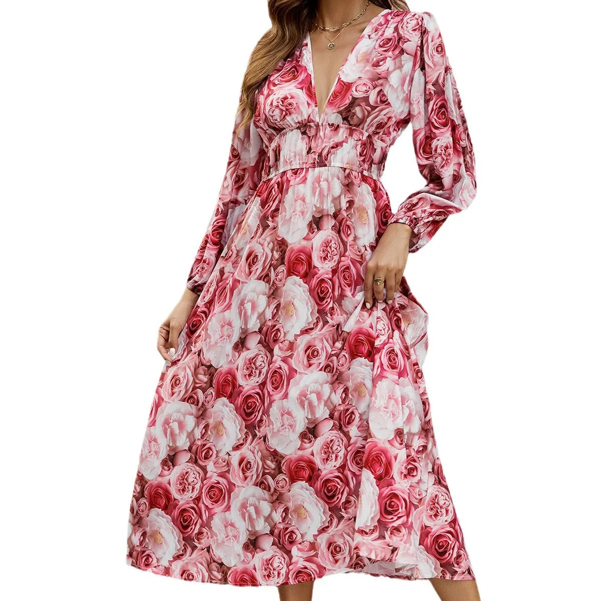 Rose Print Deep V Neck Dress with Waist and Lantern Sleeves Wholesale Womens Clothing N3824091000091