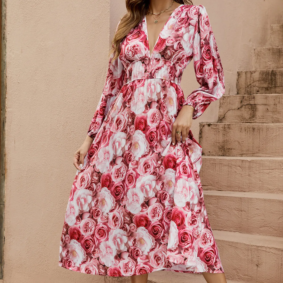 Rose Print Deep V Neck Dress with Waist and Lantern Sleeves Wholesale Womens Clothing N3824091000091