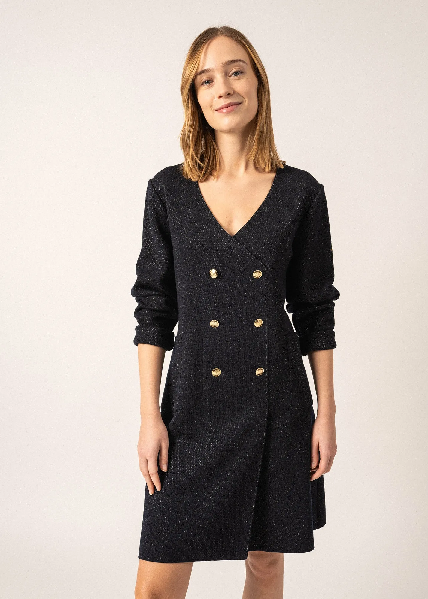 Royale Lurex Wool Wrap Dress - with crossover V-neck (NAVY/CHAMPAGNE)