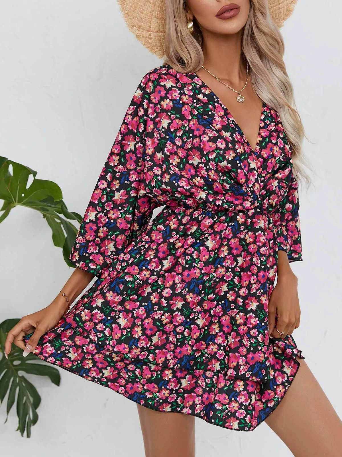 Slim Printed 3/4 Sleeve V-Neck Dress Wholesale Dresses