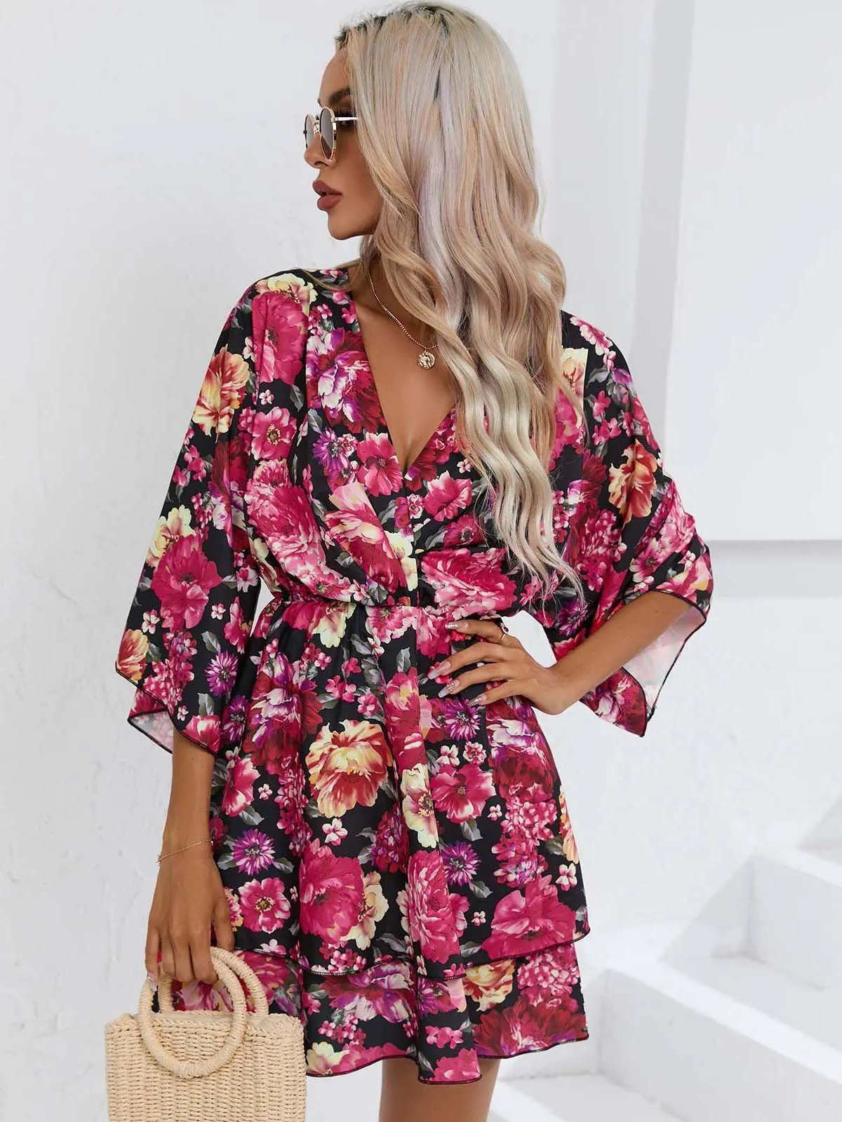 Slim Printed 3/4 Sleeve V-Neck Dress Wholesale Dresses