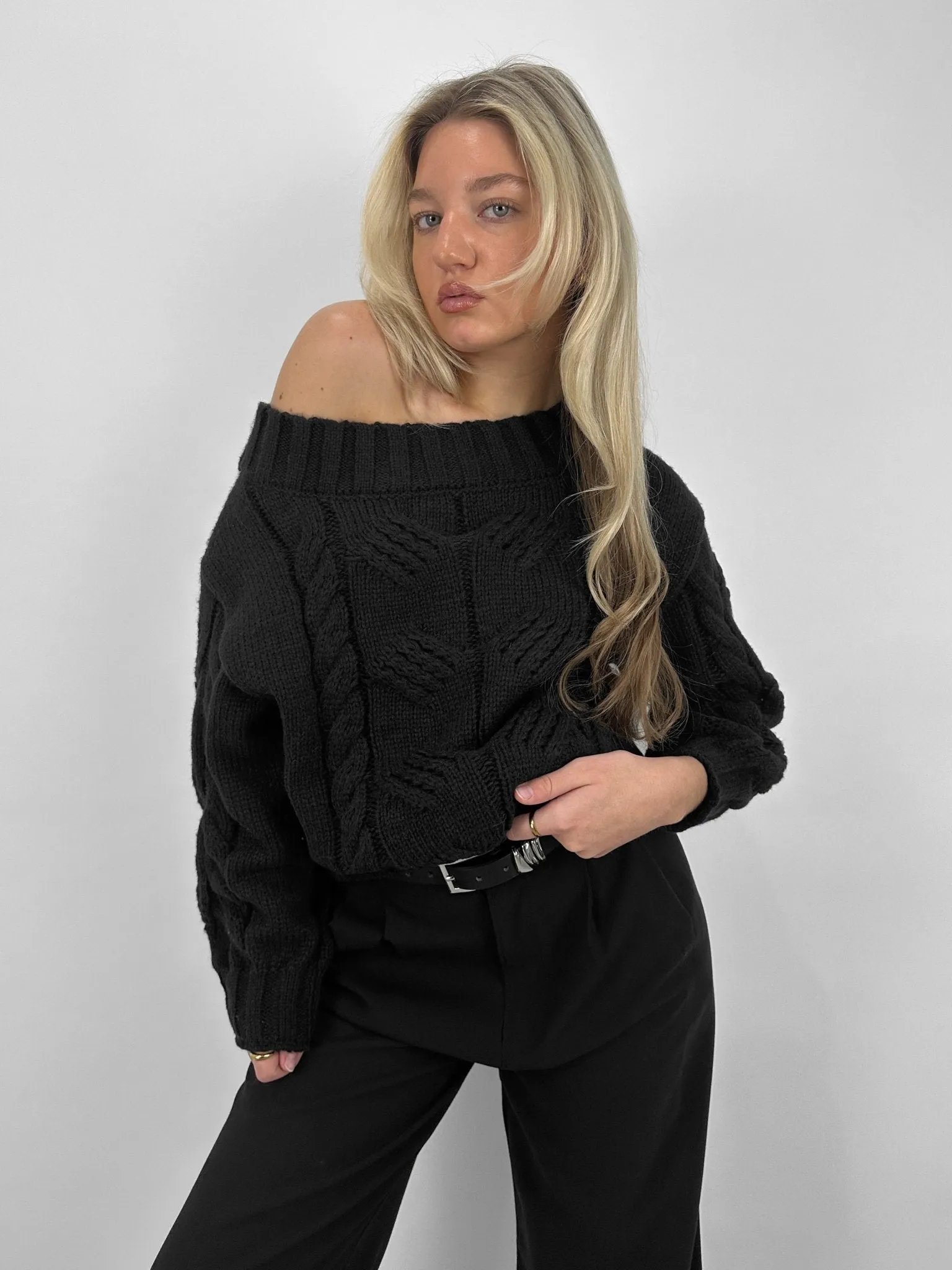 Slouch Shoulder Cable Knit Sweater