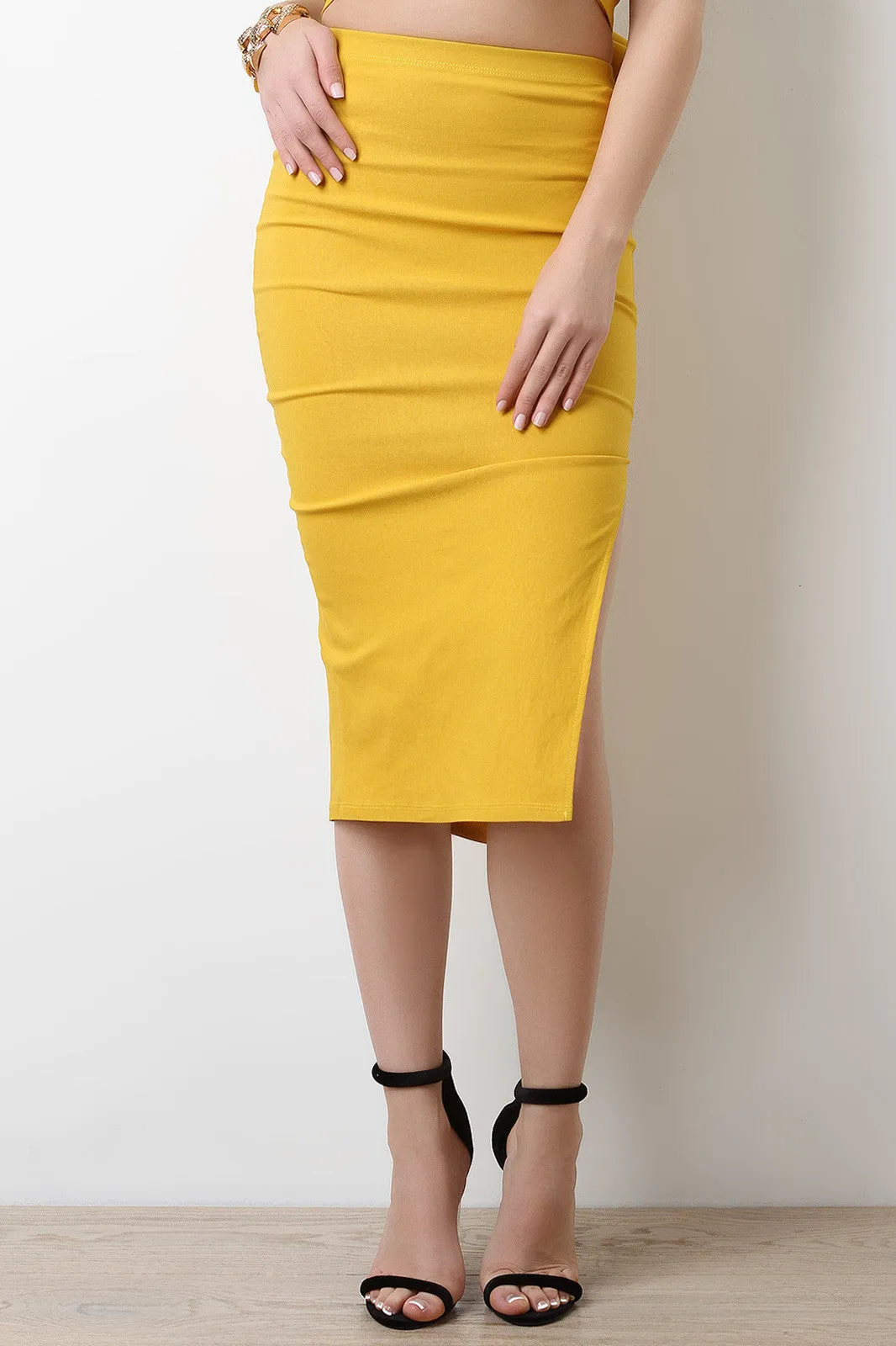 Stretchy High Waisted Side Slit Midi Skirt