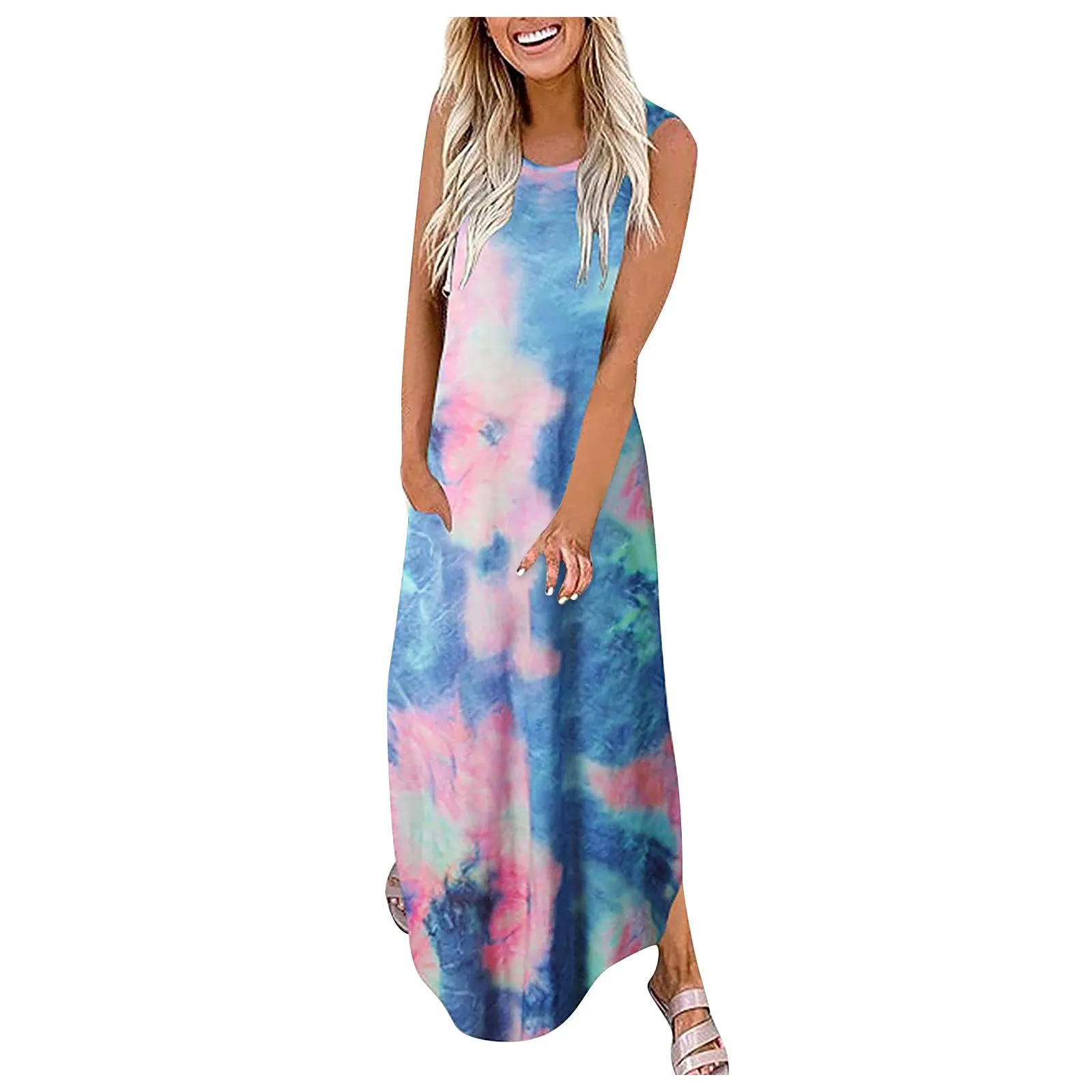 Tie-Dye Printed Maxi Dresses Sleeveless Wholesale Plus Size Casual Dresses N3823100900008