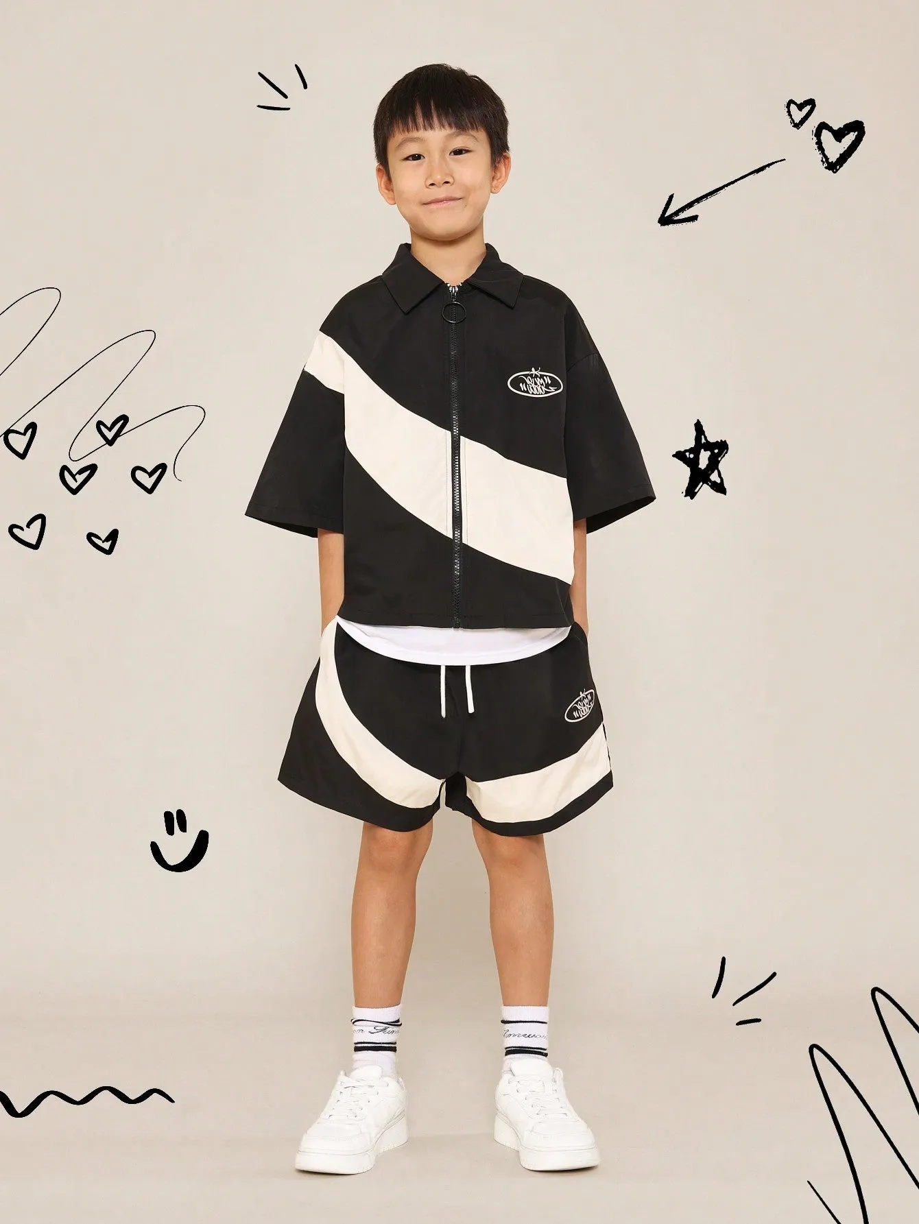 Tween Boys Boxy Fit Colour Block Zip Through Shirt And Short With Letter Graphic Print