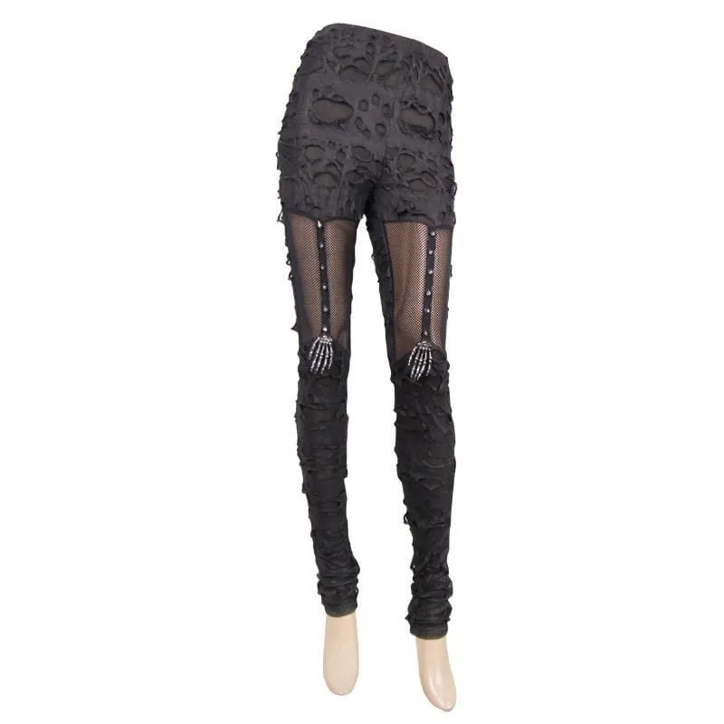 Women's Distressed Faux Leather and Mesh Goth Leggings With Skeletal Hand