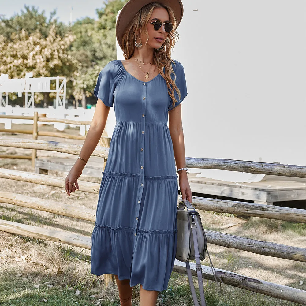 Women's Round Neck Solid Color Button-up Maxi Dresses Wholesale Womens Clothing N3824011000070