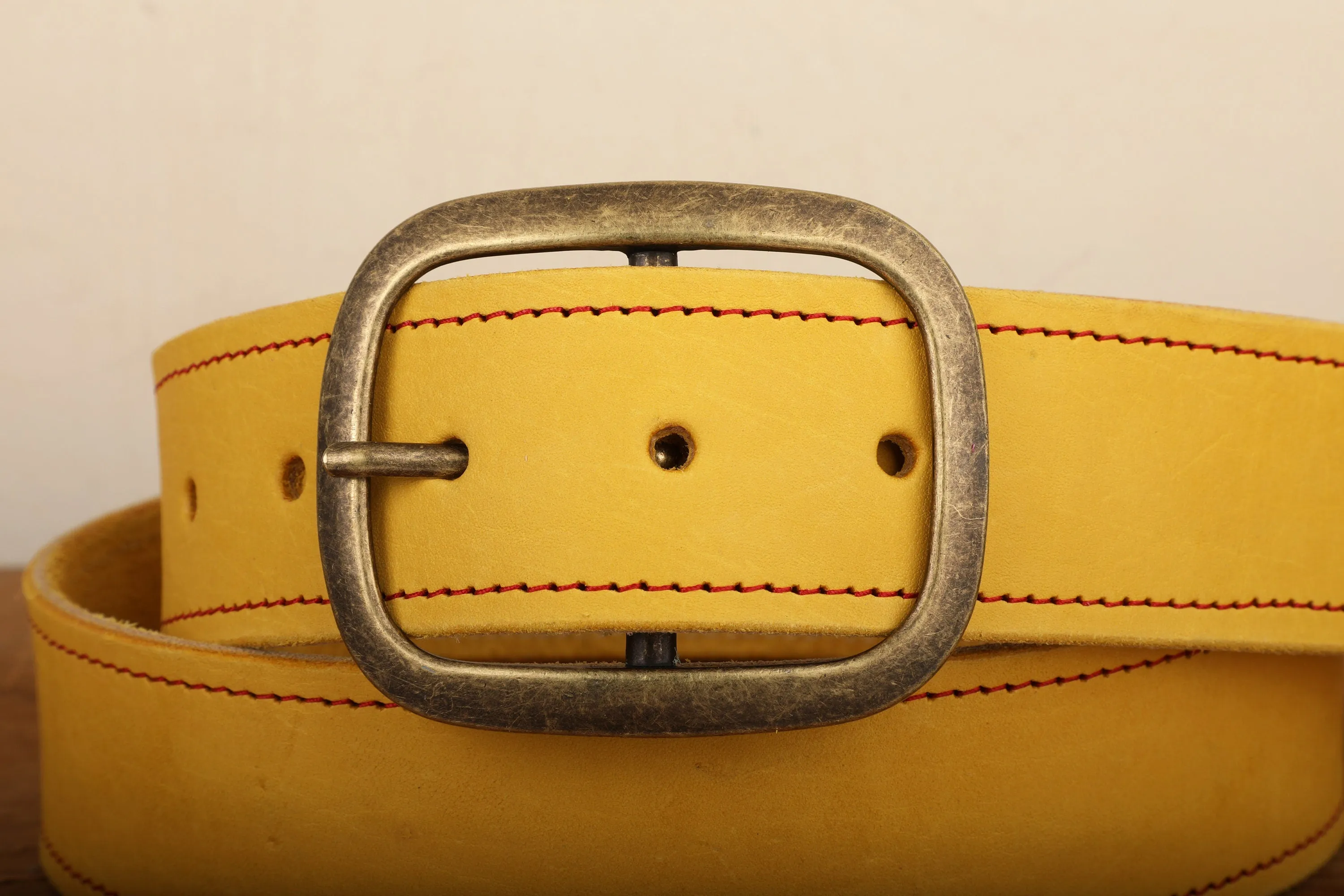 Yellow Leather Belt with Red Stitch with Antique Gold Tone Brass Buckle