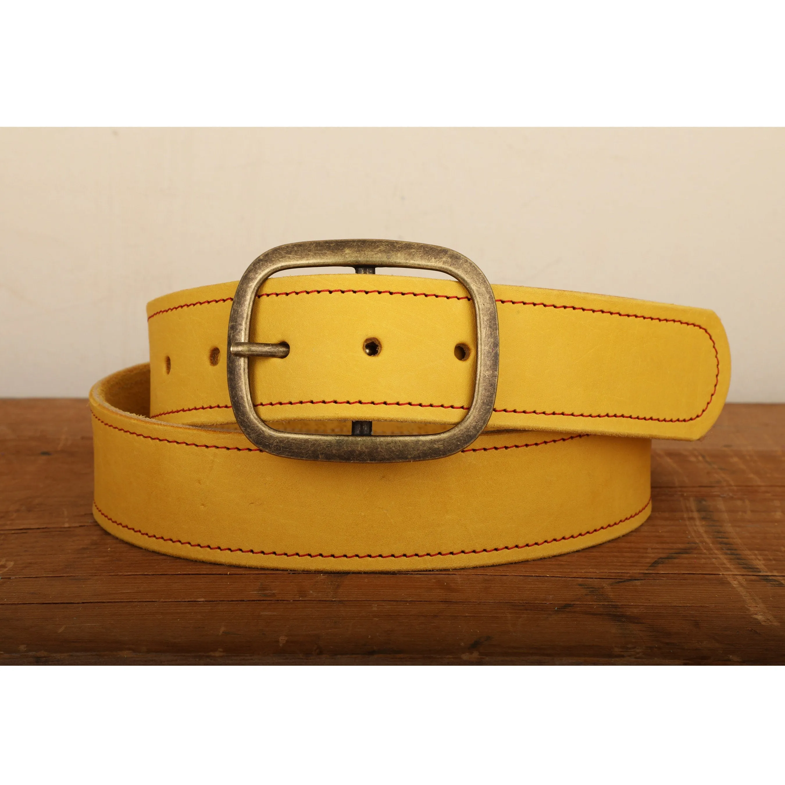 Yellow Leather Belt with Red Stitch with Antique Gold Tone Brass Buckle