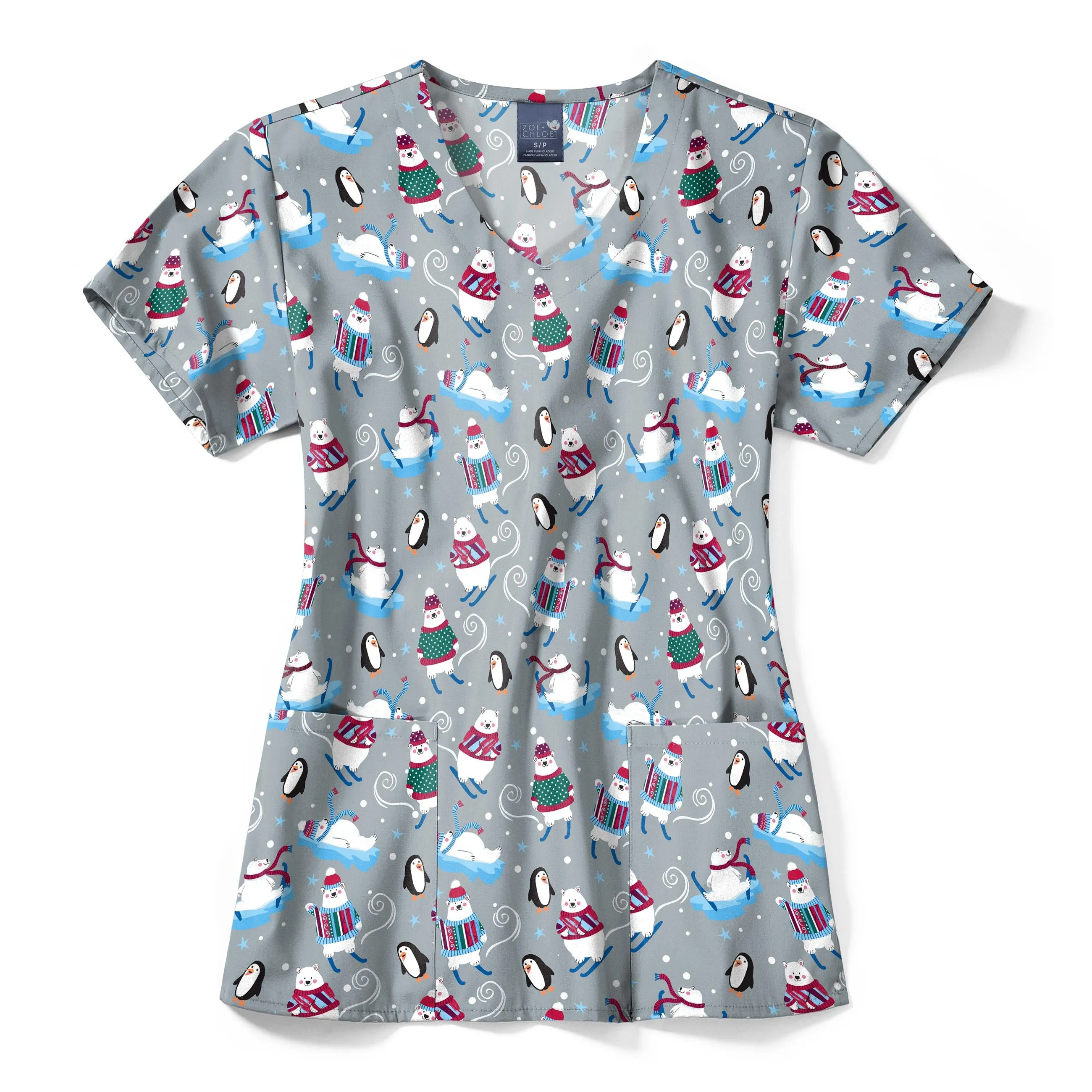 Zoe Chloe Performance V-Neck Print Scrub Top - 'Tis the Skison