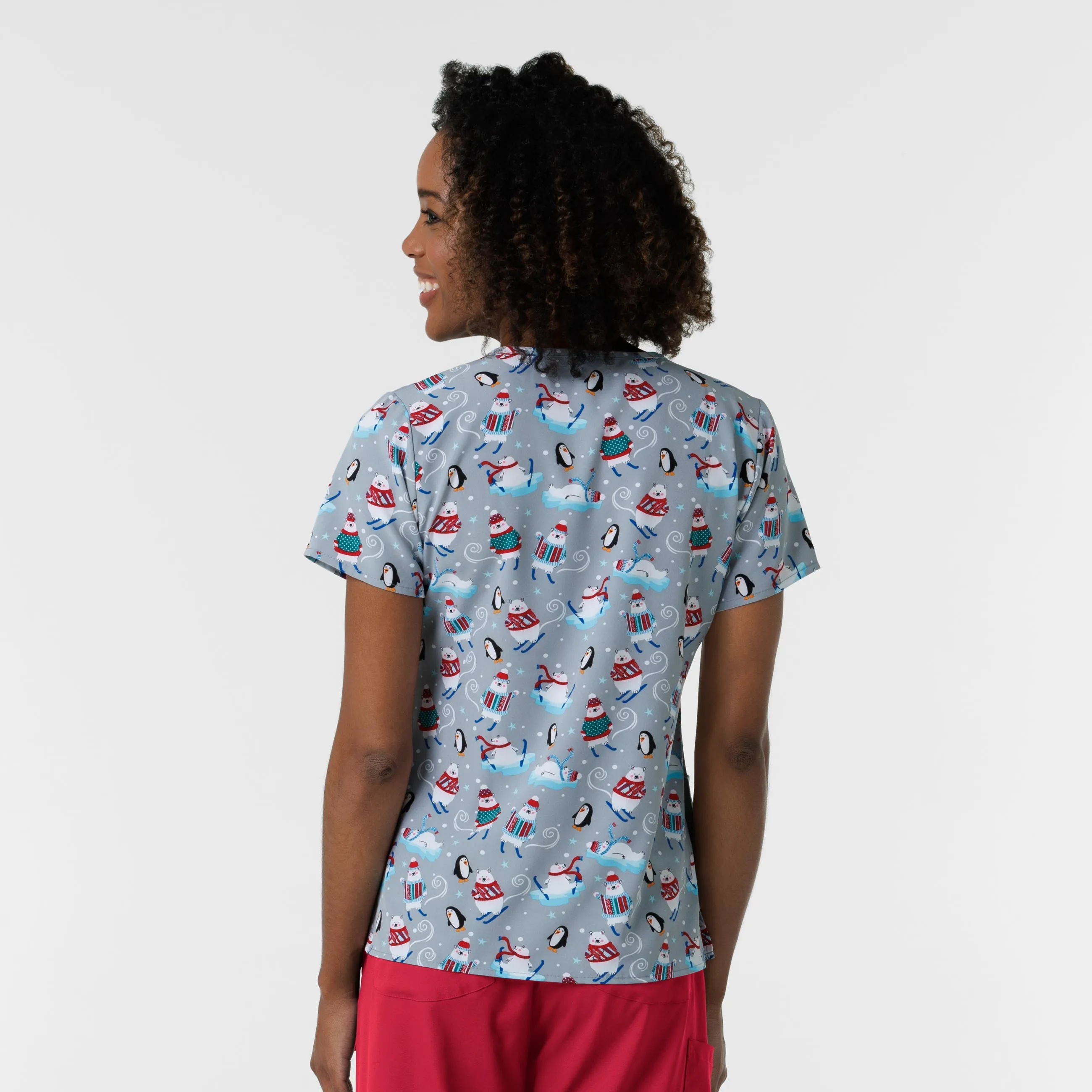 Zoe Chloe Performance V-Neck Print Scrub Top - 'Tis the Skison